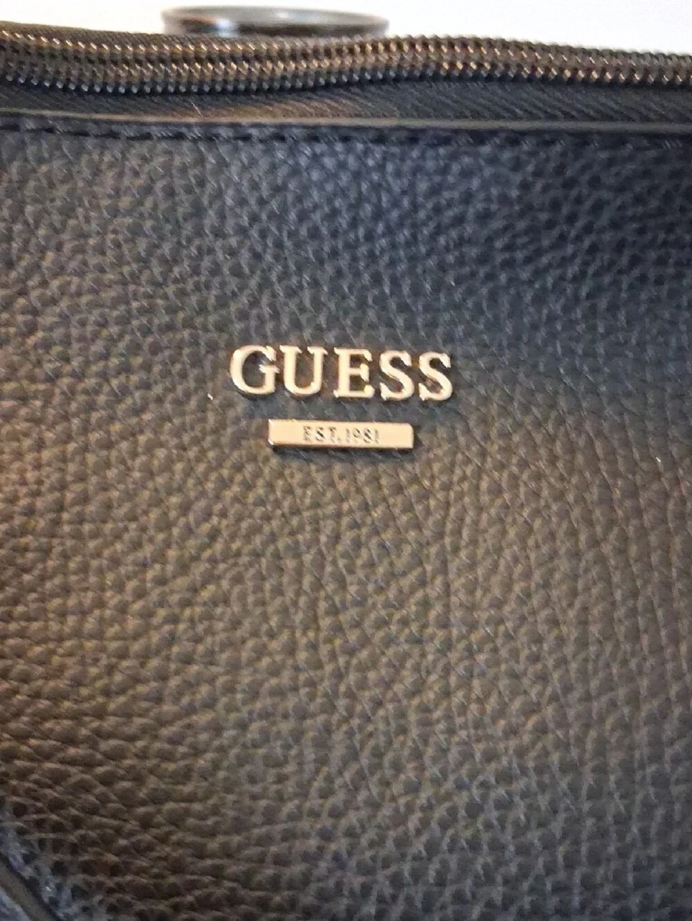 GUESS Black Pebbled Leather Messenger Bag with Gold Logo